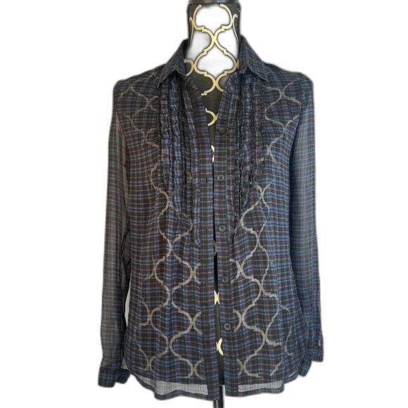American Eagle Blue & Purple Plaid Sheer Button Front Ruffle Trim Top Size S/P - Picture 1 of 10